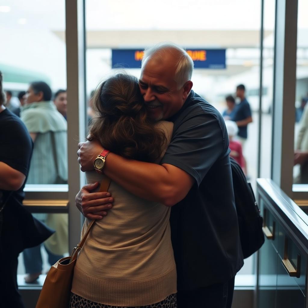 Cuban family embracing during reunion at an airport