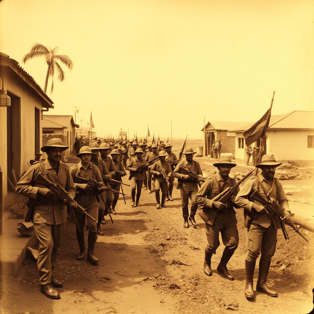 Sepia-toned archival depiction of soldiers during the Spanish–American War in Cuba