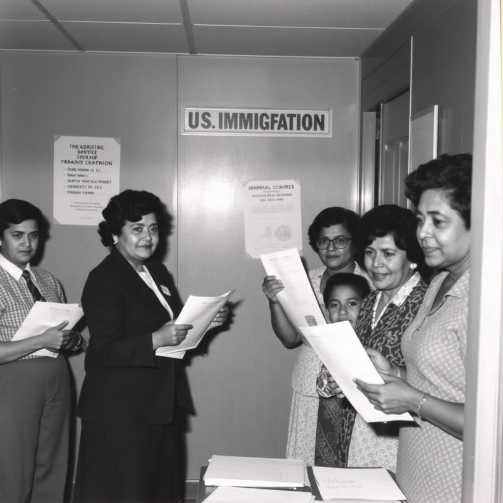 Cuban families receiving documents at a 1966 U.S. immigration office