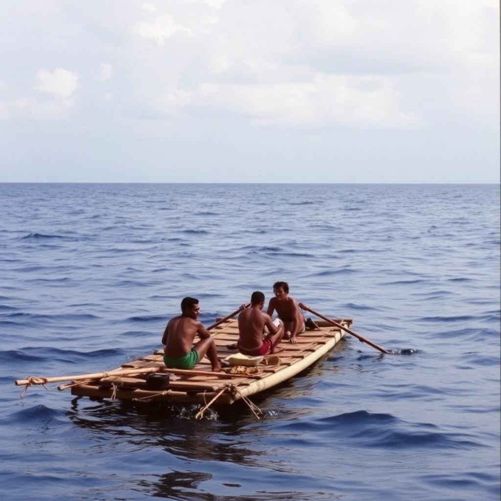 Cuban balseros aboard a homemade raft at sea in 1994