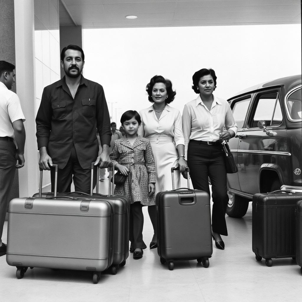 Cuban exile family arriving in Miami with suitcases in the early 1960s